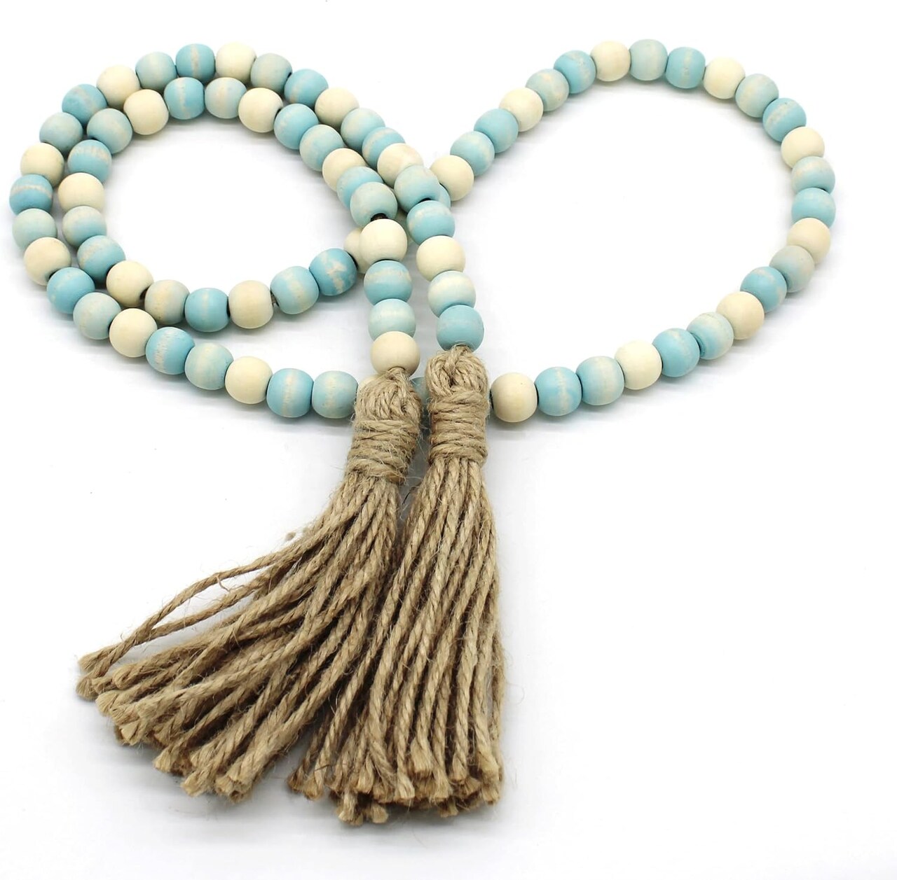Wood Beads Garland with Tassels Farmhouse Rustic Wooden Prayer Bead String Wall Hanging Accent for Home Festival Decor. Teal Mix Distressed
